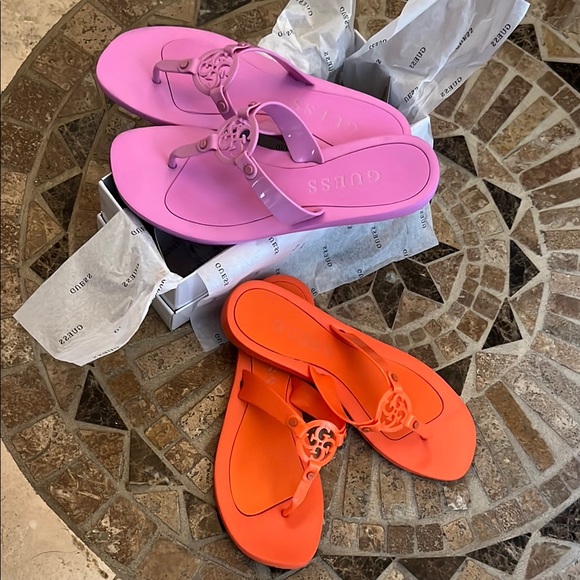 Pink and Blue Thong Sandals with Decorative Logo - Picture 2 of 5